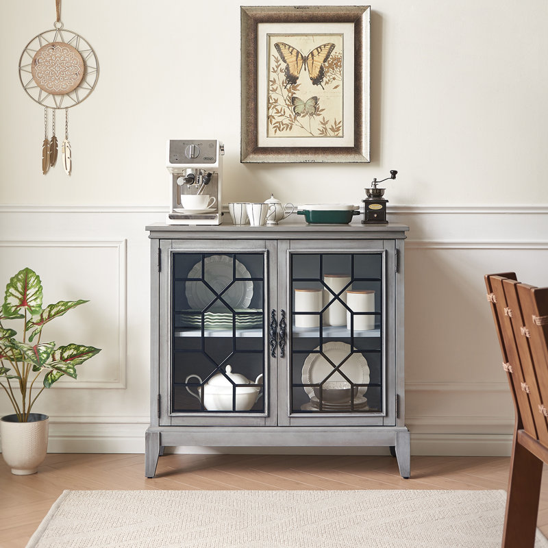 36"W Wood Accent Cabinets With Glass Door and Adjustable Shelf , Gray