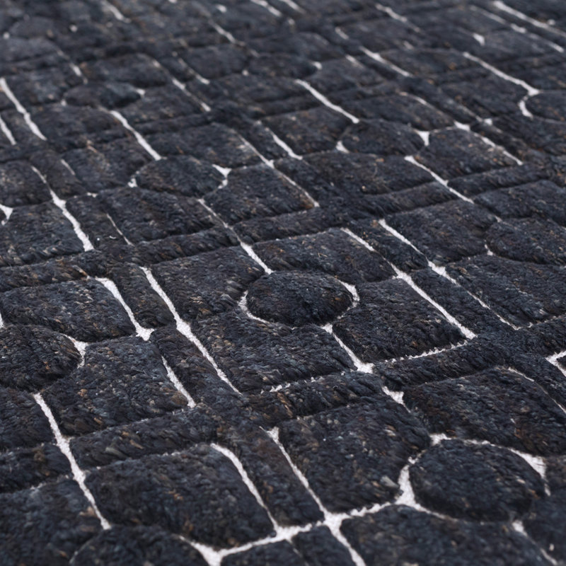 Breezeblock Geometric Hand-Loomed 5'5" x 7'6" Jute/Cotton Area Rug in Midnight, Rectangle 6'7" x 9'8"