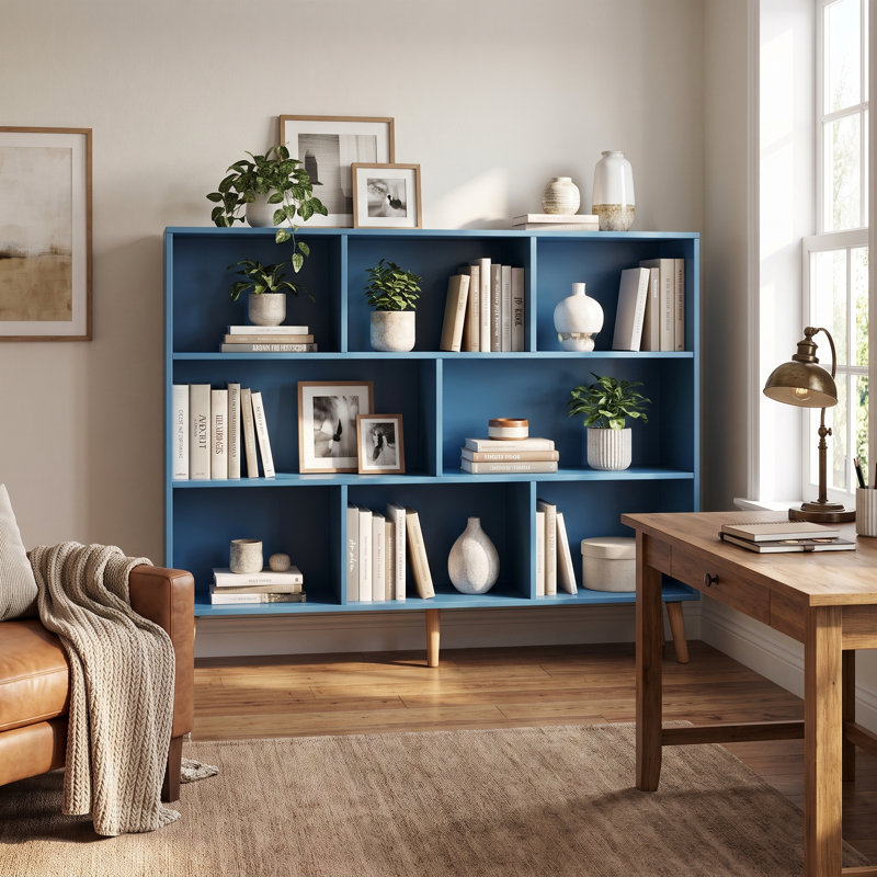 Jaen Solid and Manufactured Wood Cube Bookcase, (8 Shelves) 42.5" H x 55.1" W x 9.4" D, Blue