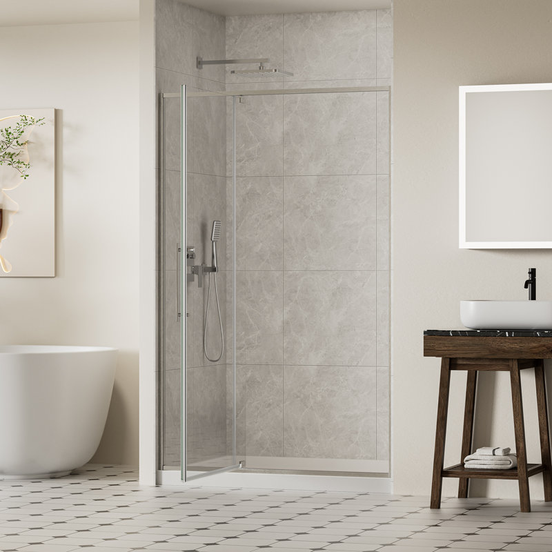 44-48"W X 74"H Pivot Swing Glass Shower Door, Pivot Frame Shower Door with 5/16" (8mm) SGCC Tempered Glass, Chrome Finish Shower Doors, Sliding Glass Panel is Adjustable in Width