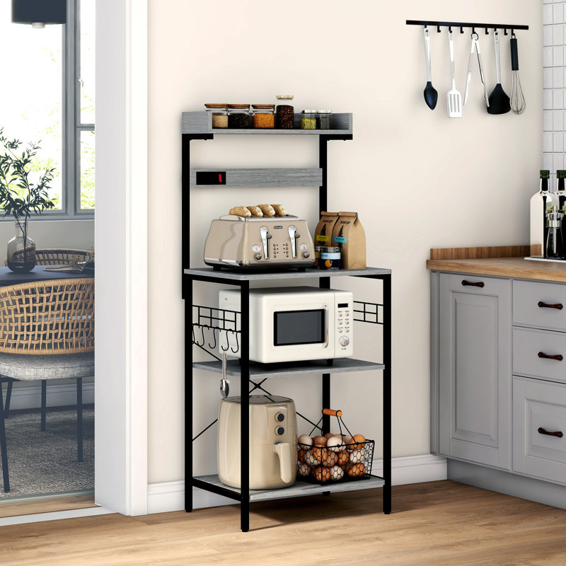 Étagère de cuisine avec prise de courant, tablettes réglables et crochets, Gris, H 53,9 po x l 23,6 po x P 16,5 po