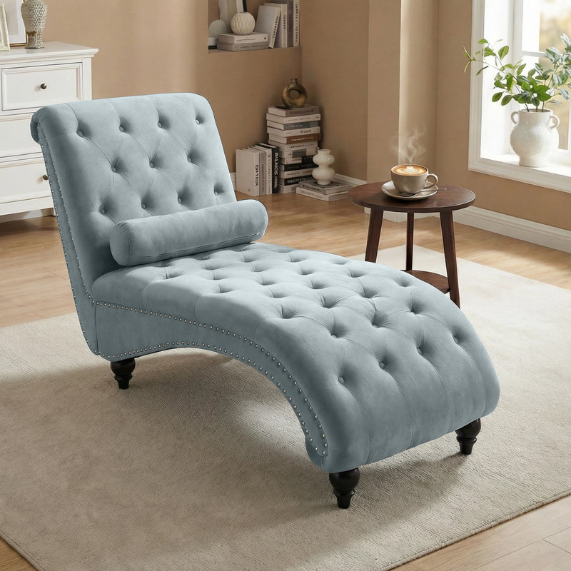 Chaise longue rembourrée Holcroft, Velours bleu brume