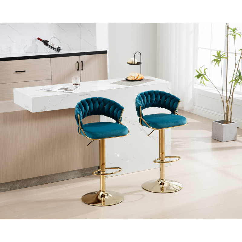 Tabouret de bar réglable en velours moderne avec comptoir pivotant à 360 degrés, Bleu marine / cadre doré