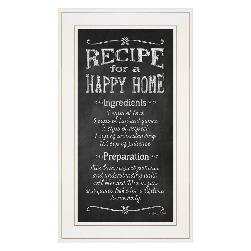 «Recipe for Happy Home», art mural encadré pour le salon, décoration murale par Susan Ball, Cadre blanc