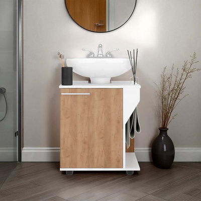 Chêne blanc et naturel sous l'évier avec armoire de rangement et lavabo sur pied
