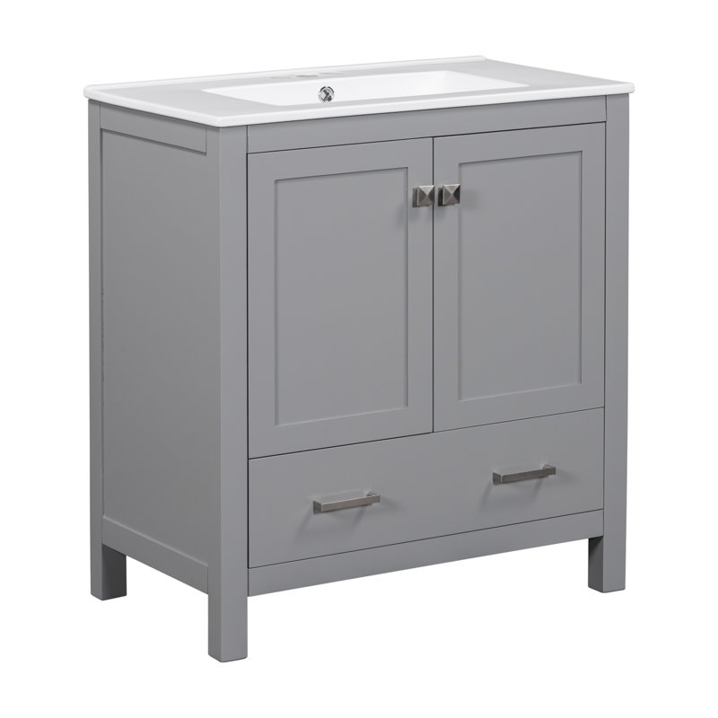 Meuble-lavabo gris de 30 po avec lavabo simple, meuble-lavabo sous-comptoir, armoire de rangement avec 2 portes et un tiroir, fermeture en douceur, rangement multifonctionnel, structure en bois massif