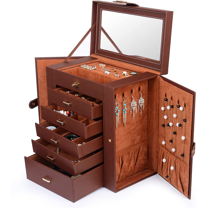 14.2'' H Faux Leather Jewelry Box with Integrated Mirror, Brown