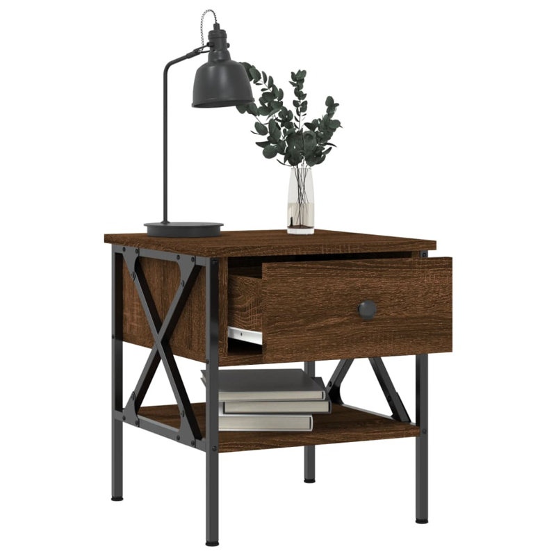 Tahnaout 40cm W Iron Bedside Table, Brown Oak, Set of 2