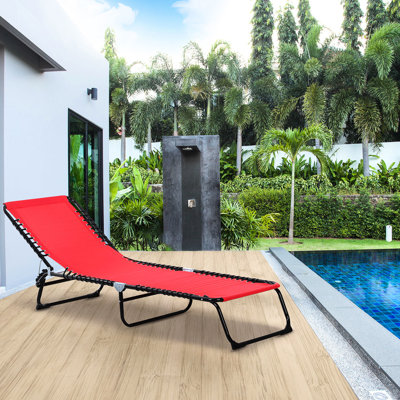 Fauteuil de bronzage inclinable. 4, oreiller. Siège respirant en filet et élastiques. Pour la plage, la cour. Chaise de jardin Red Yard. Inclinable, patio, piscine.