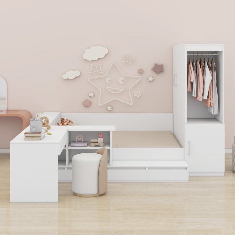 Lit plateforme avec tiroirs, tablettes, bureau et garde-robe, Blanc