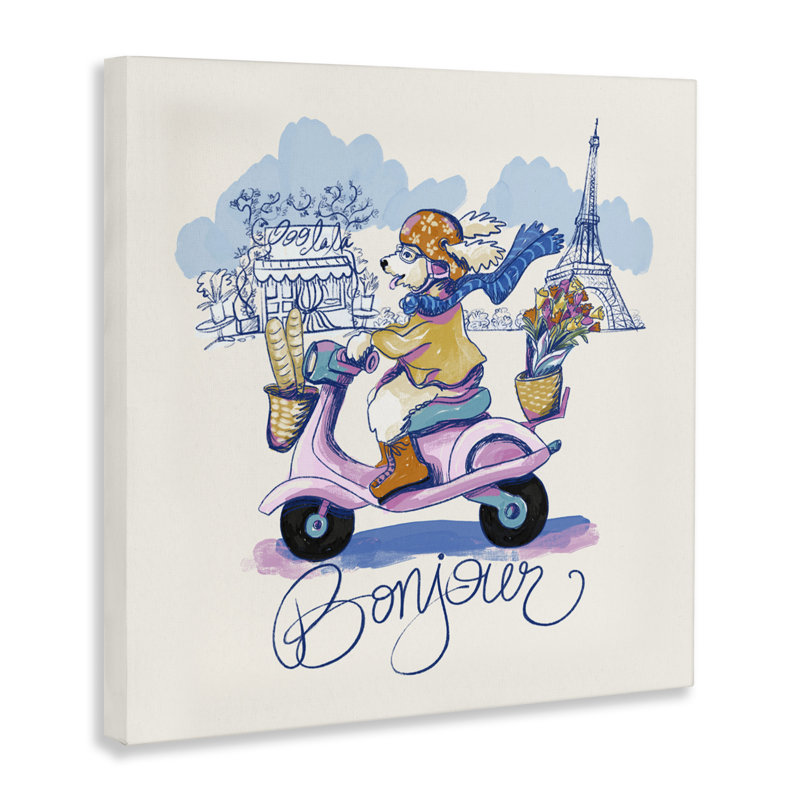 Bonjour, chien rétro sur toile de scooter, conception par Connie Summers, H 30 po x l 30 po