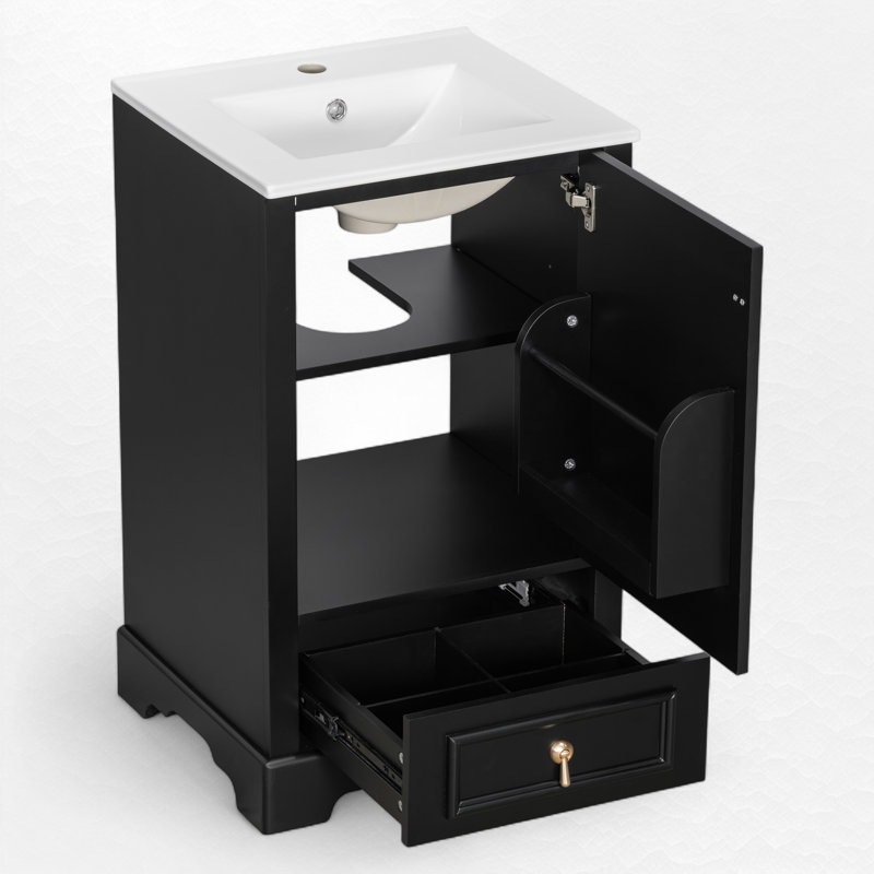 20" Single Bathroom Vanity With Ceramic Top, Black, Gold