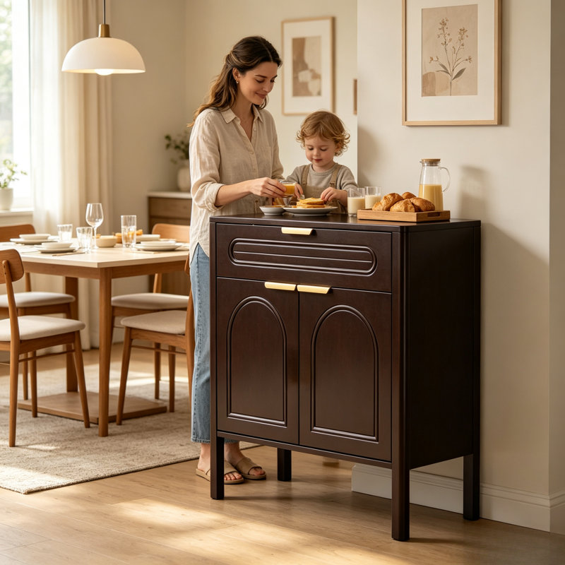 Meuble d'appoint, buffet de rangement autoportant avec tiroirs et placard à portes cintrées, console en bois pour salon/entrée