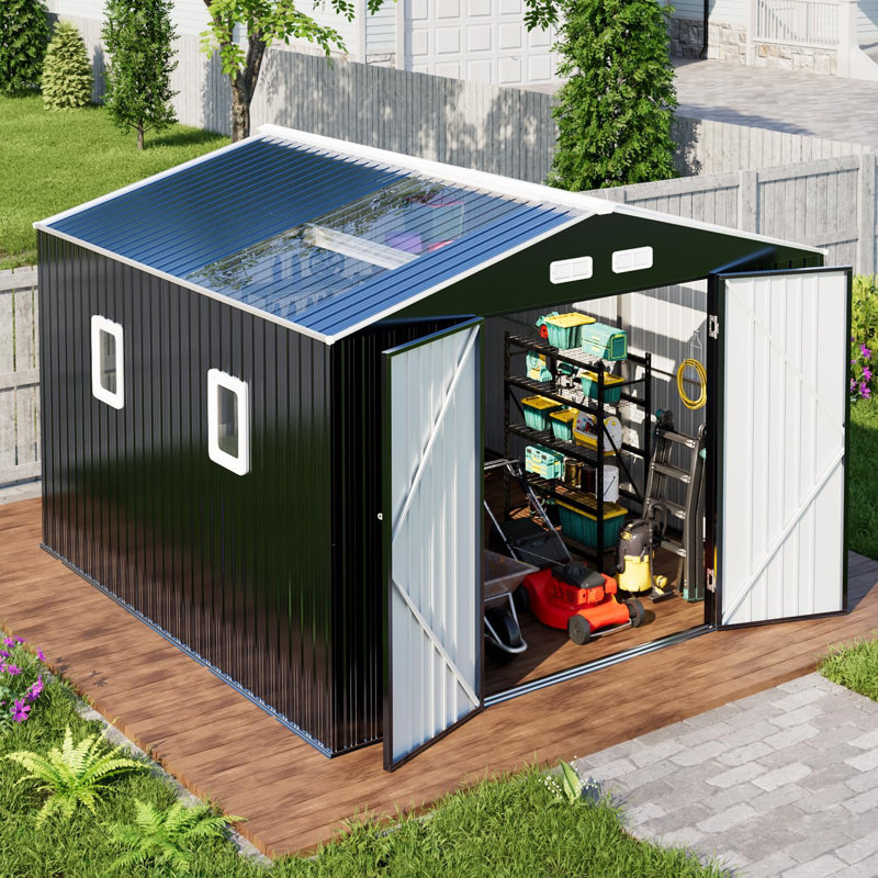 10X10 FT Metal Storage Shed with Extra Large Waterproof Storage House With Clear Roof Windows Air Vent For Garden Yard To Store Bikes, Lawnmower, Dark Blue