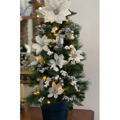 Topiaire de Noël pré-éclairé blanc et argent / arbre de Noël décoré 3 pi