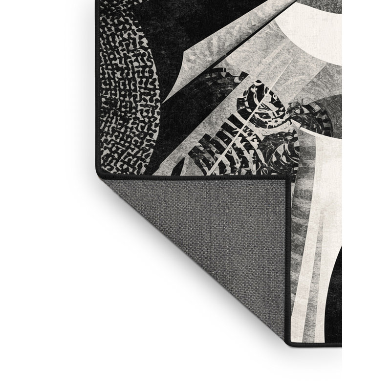 Tapis abstrait moelleux et moelleux à motif abstrait moderne et contemporain en gris - reliure noire, 8 x 12