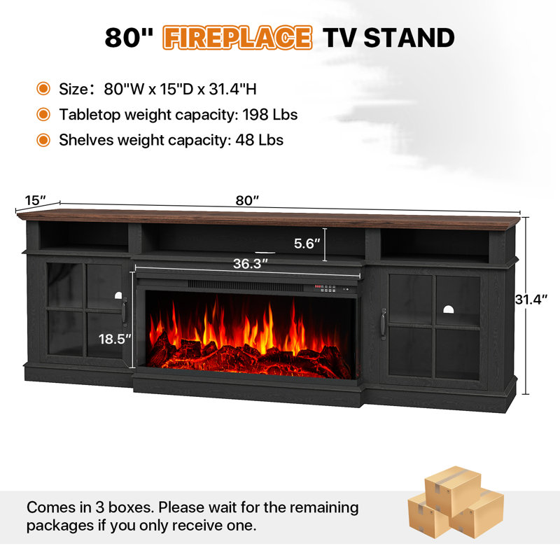 80" Electric Fireplace TV Stand – 12 Color Flame & LED, 2 Heat Settings, Adjustable Temperature, Fits TVs Up to 90", Black
