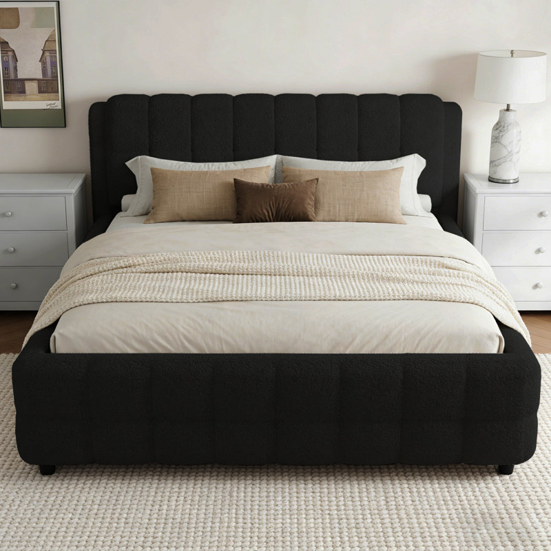 Très grand lit plateforme tapissier avec tête de lit, structure en bois massif, sans sommier tapissier, noir, Noir