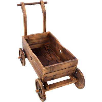 Wooden Wagon Planter Box, Mobile Garden Planter With 4 Wheels, Handle, Drain Hole, Decorative Flower Planter For Indoor & Outdoor Decor, Wooden Flower Cart For Patio, Garden, Balcony, Brown