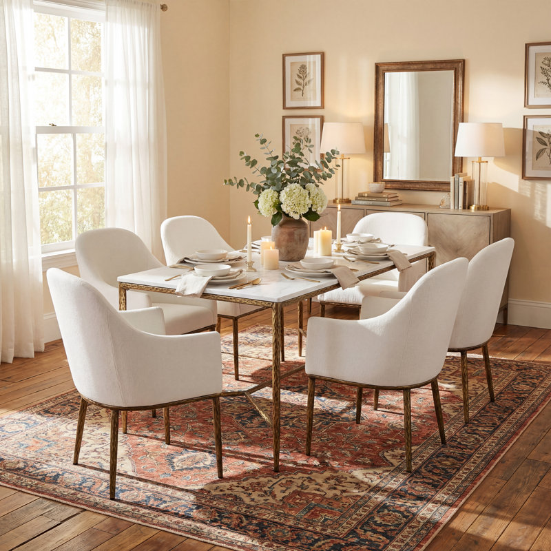 Ensemble de salle à manger 7 pièces Fernand avec table d'appoint en marbre et chaises rembourrées, Beige / laiton forgé