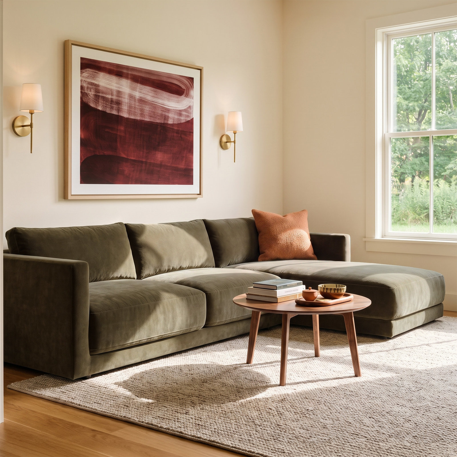 Vervino Sectional, Moss Olive Green Performance Chenille, Right Hand Facing