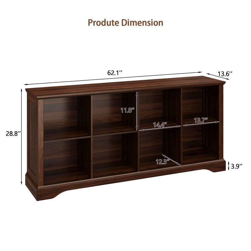 8 - Cube 62"W Storage Bookcase Horizontal Bookshelf Organizer with Anti-tip Hardware, Brown
