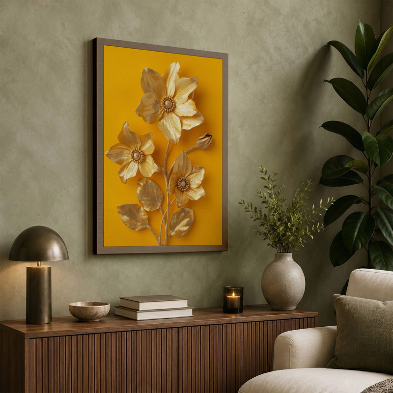 Golden Arrangement Botanical - Wrapped Canvas, 36x24 - 91.4 x 61.0 cm, Cream Border
