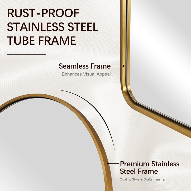 Malisa Contemporary Arched Bathroom Vanity Mirror | Stainless Steel Thick Frame, Brushed Gold, 30" x 24"