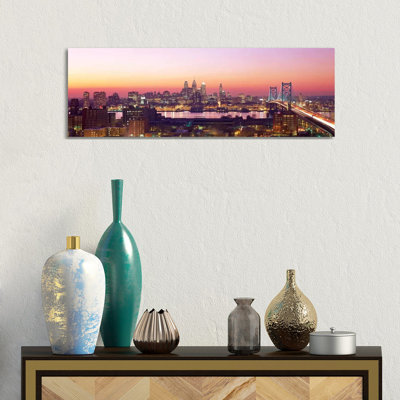 Arial View Of The City At Twilight, Philadelphia, Pennsylvania, USA by Panoramic Images - Wrapped Canvas Panoramic Print