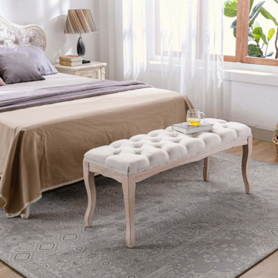 Banc de chambre à coucher, banc d'entrée touffeté de style français rétro, banc de bout tapissier 43,3 po avec pieds en bois patiné, siège repose-pieds en lin pour le salon, le vestibule, la salle à manger
