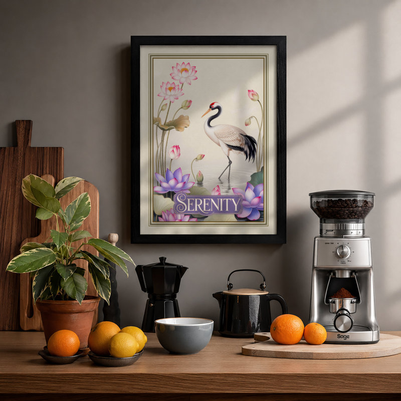 Crane in Serenity Japandi - Framed Print, Black, A4 - 29.7 x 21.0 cm