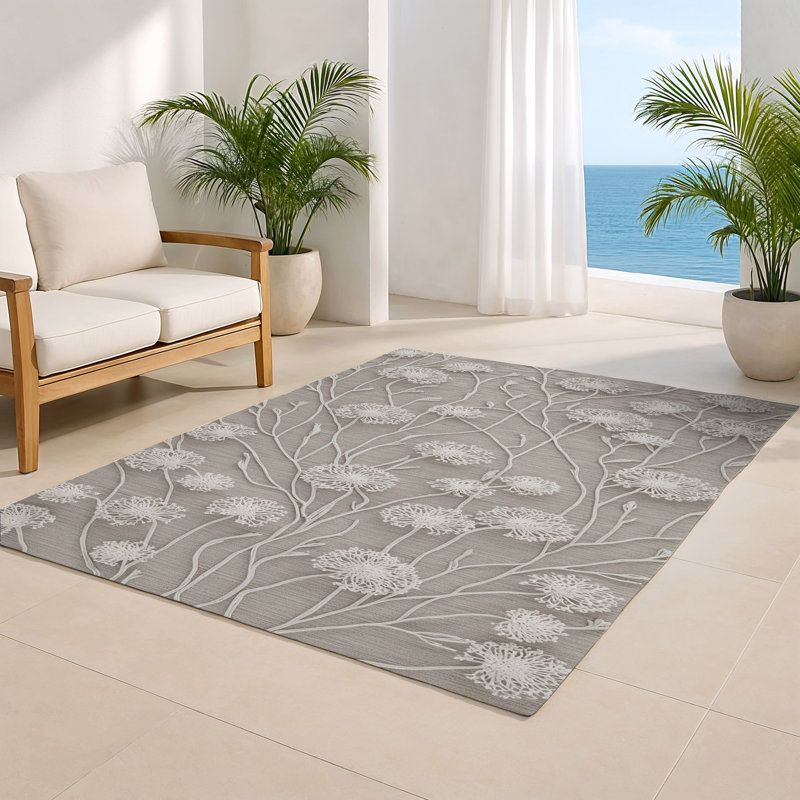 Tapis d'intérieur et d'extérieur gris Botanical, Rectangulaire 8 pi x 10 pi