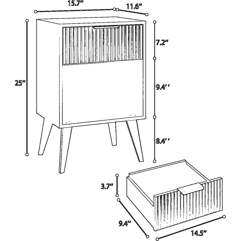 Table de chevet cannelée avec tiroir et tablette ouverte, table de chevet moderne de style Mid-Century avec pieds en bois, table de bout robuste pour la chambre à coucher ou le salon