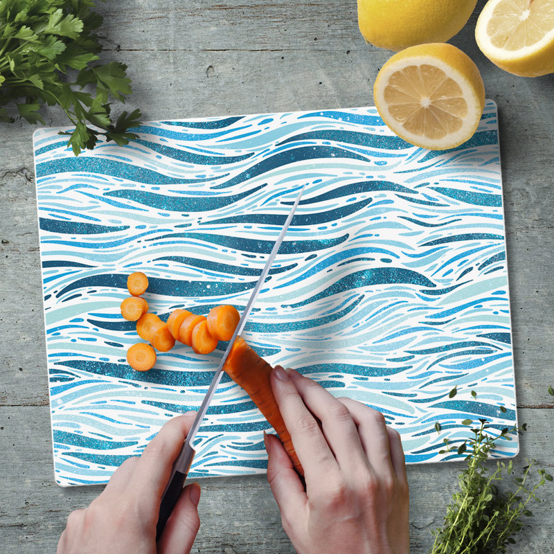 Wavy Waves Blue and White Tempered Glass Cutting Board 10" x 8"