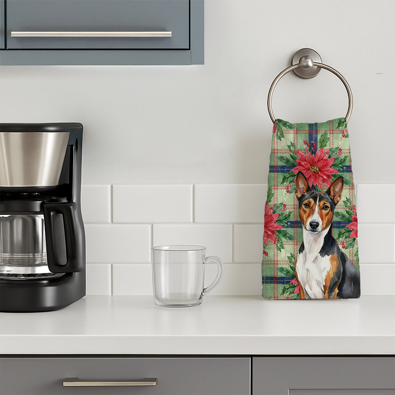 Tricolor and White Basenji Christmas PoinsettIas Kitchen Towel, Black/White/Brown Basenji