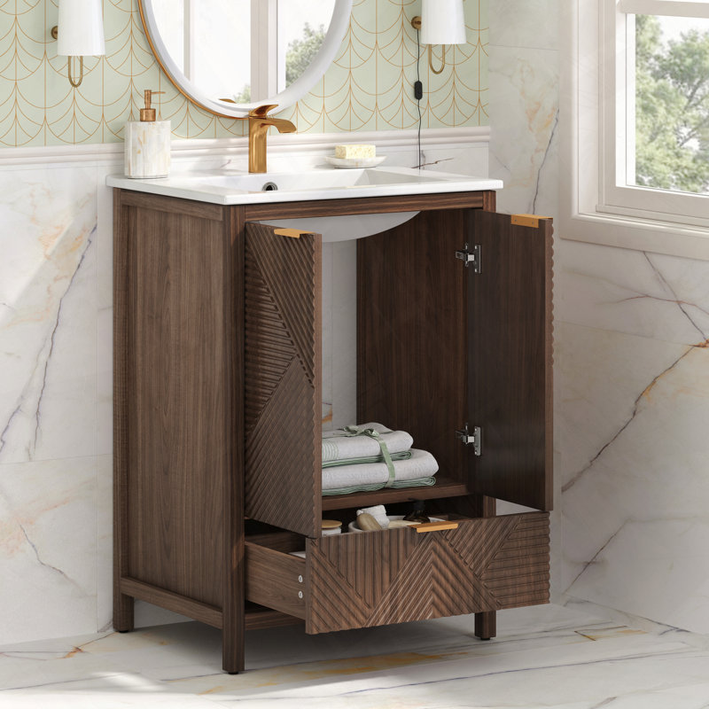 Ensemble de meuble-lavabo moderne avec lavabo et tiroir simple, Brun