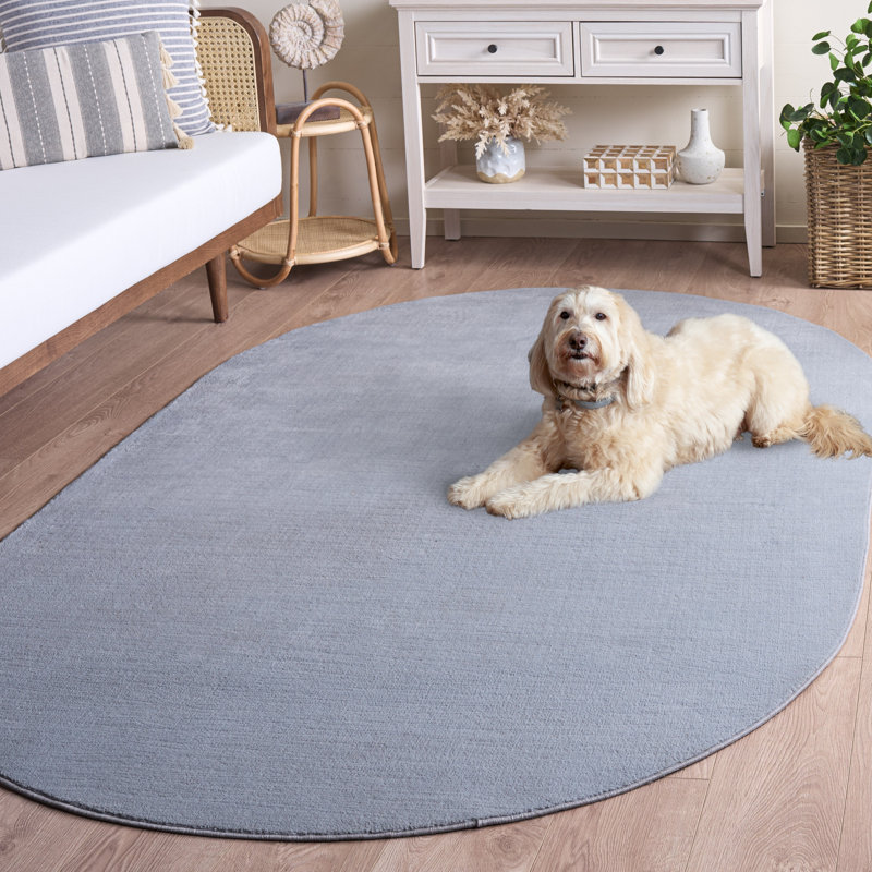 Tapis bleu clair en polyester tissé à la machine Aldo, Ovale 5 pi x 8 pi