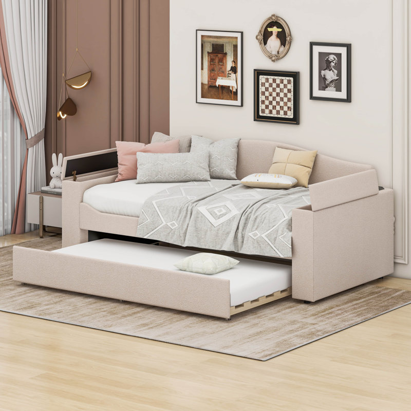 Upholstered Daybed with Trundle Bed, Beige