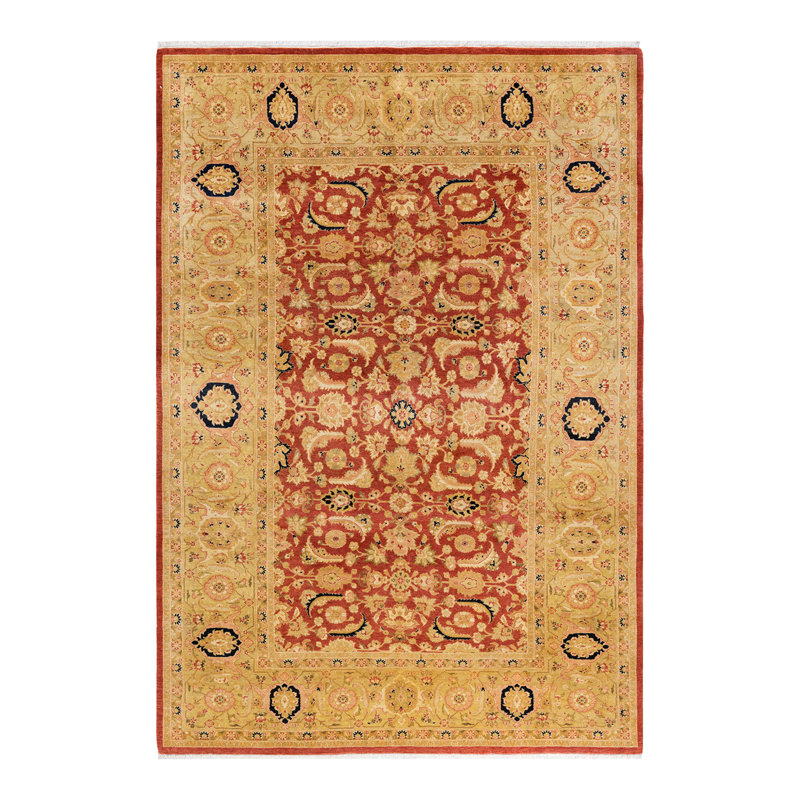 Tapis unique noué à la main Pompey - orange / jaune, 6 pi 3 po x 9 pi 1 po Pompey