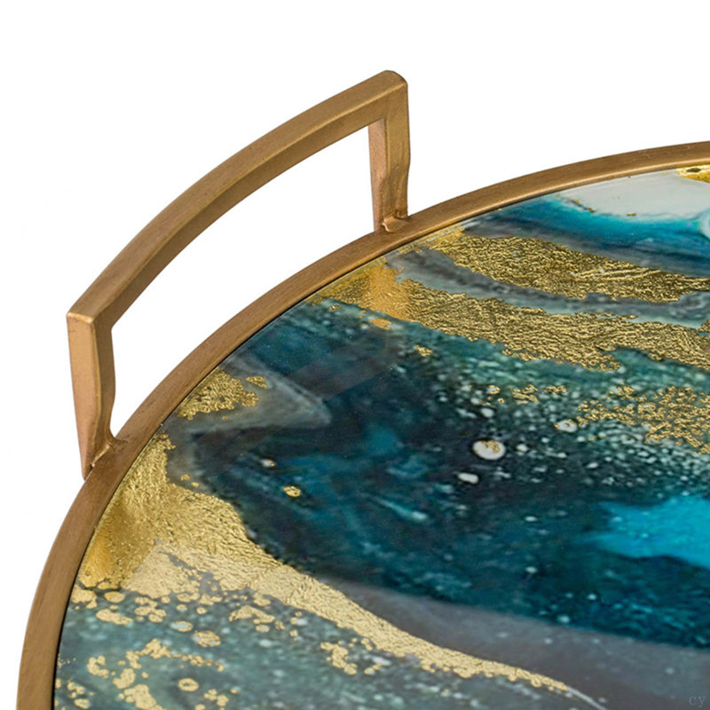 Plateau à miroir rond 20,9X20,1X3,1 "avec motif artistique et poignées bleues et dorées