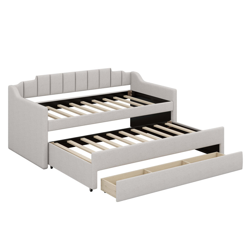 Lit de jour simple rembourré avec lit gigogne et trois tiroirs spacieux, Beige