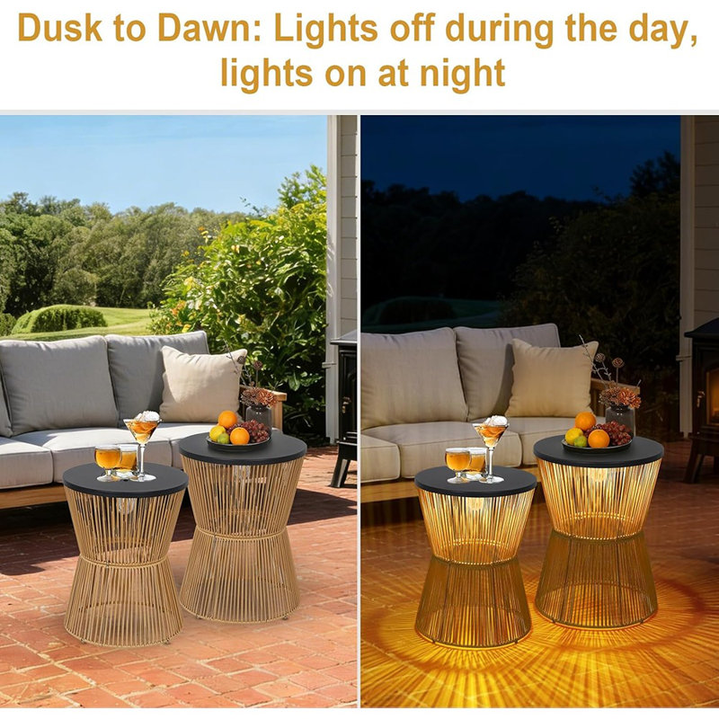 Ensemble de 2 tables d'appoint rondes pour l'extérieur avec lumière à intensité variable - tables de bout en rotin de plastique pour patio, porche, balcon, bord de piscine et pour l'intérieur / extérieur