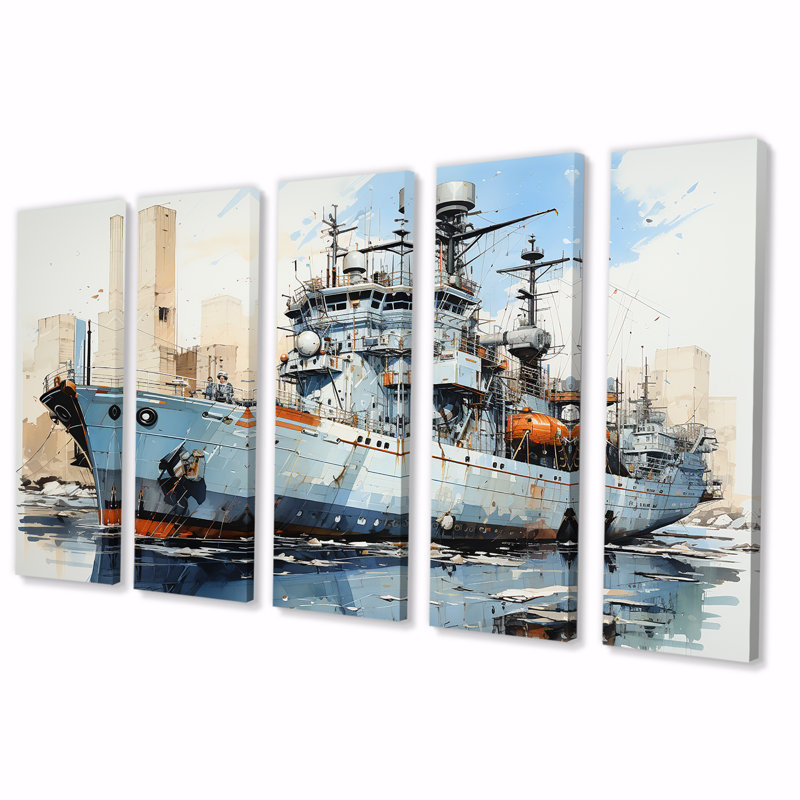 Marine armée, bateau, frégate III, ensemble d'art mural 5 pièces, H 32 po x l 80 po
