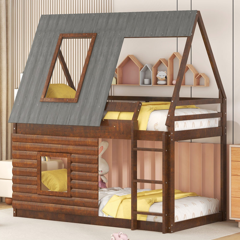 Lit superposé simple en bois avec toit, échelle et 2 fenêtres, chêne et gris fumé