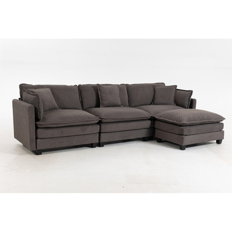 Modern 3Seats With Ottoman 114.17"Sectional Sofa With Waist Pillows, Antique Gray Chenille