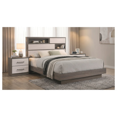 Ensemble de chambre à coucher 3 pièces Ashby Grey Oak et Almond Queen avec lit bibliothèque et deux tables de chevet