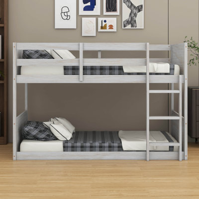 Twin Over Twin Solid Rubber Wood Floor Bunk Bed – Panelled Headboard, Panelled Footboard, Safety Guardrails & Built-In Ladder