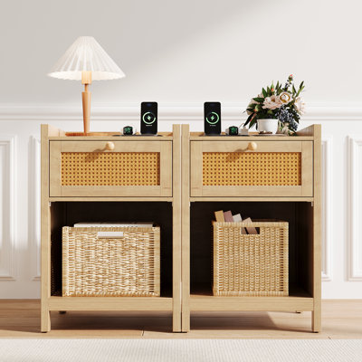 Ensemble de 2 tables de chevet en rotin, tables de chevet modernes avec station de charge, port USB, port Type-C pour chambre à coucher, salon