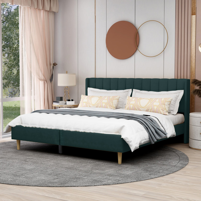 King Green Velvet Upholstered Platform Bed with Wingback Headboard