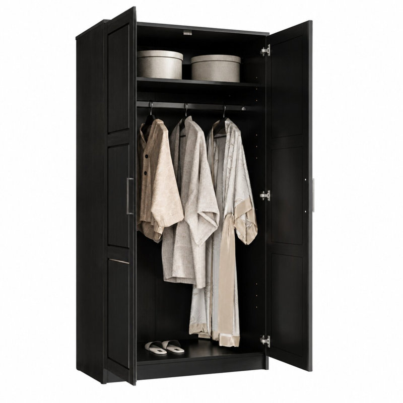 Armoire-penderie 100% bois massif à 2 portes, armoire de rangement autoportante pour chambre à coucher avec tringle et tablettes réglables